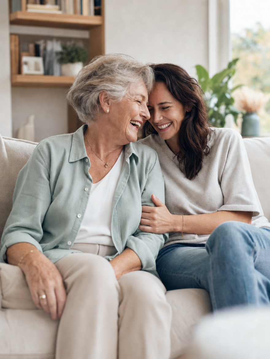 An older woman and her adult daughter sitting close together on a sofa at home, sharing a warm, genuine laugh.
